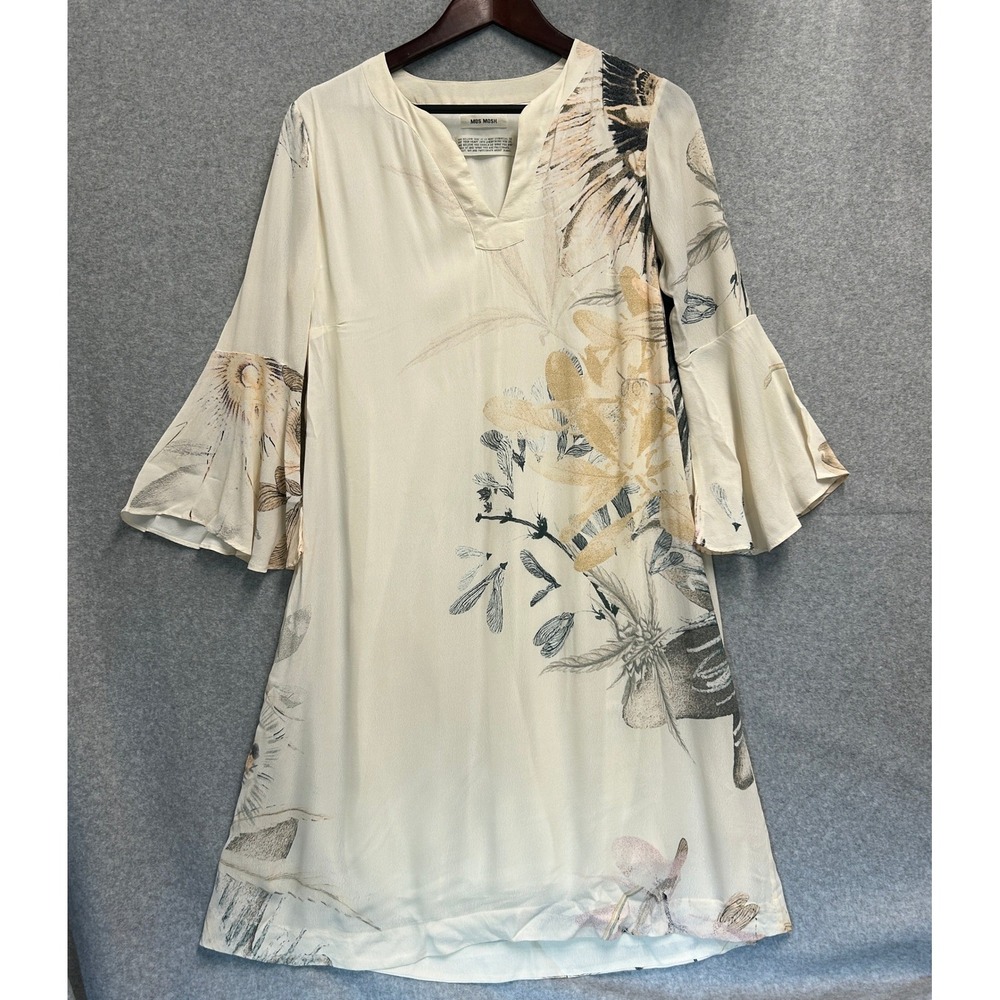 MOS MOSH Heru Passion Dress Cream Neutral Floral Bell Sleeve Artsy Size Small